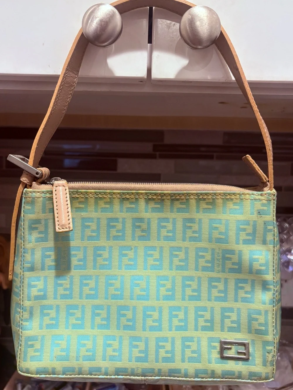 Fendi FF Zucca PVC Aqua and Tan Monogram Canvas Shoulder Bag